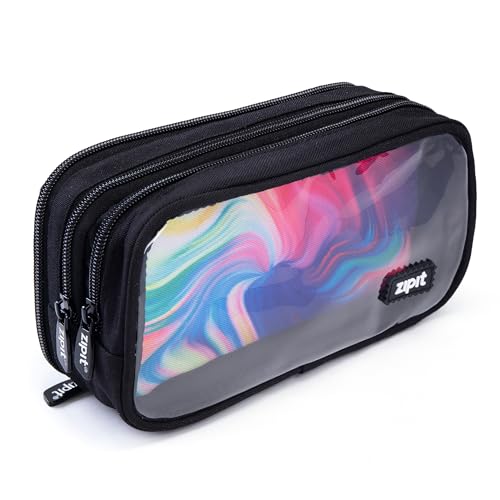 ZIPIT Half & Half Pencil Case, 3 Compartment Zipper Pouch for School, Stationery Bag for Teen Girls Boys and Adults, Black - color: Black Glow