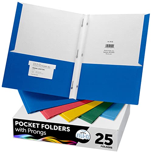 FILE-EZ Two-Pocket Folders with 3-Prong Fasteners, Assorted Colors, 25-Pack, Durable Textured Paper, Matte Finish, Letter Sheet Size (EZ-92500) - color: Assorted Colors