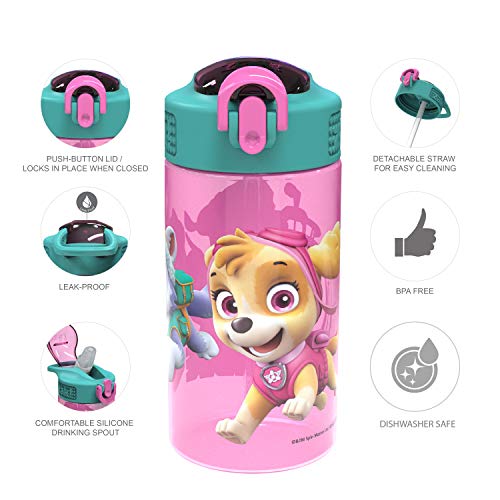 Zak Designs Kids Durable Plastic Spout Cover and Built-in Carrying Loop, Leak-Proof Water Design for Travel, (16oz, 2pc Set), Paw Patrol Skye Bottle 2pk - color: Paw Patrol Skye Bottle 2pk