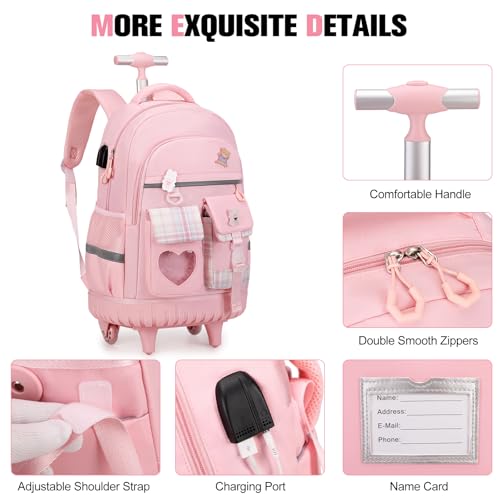 ACESAK Rolling Backpack for Girls - Roller Wheels School Bookbag with Lunch Bag & Pencil Pouch for Teen Girls Kids Wheeled Suitcase Backpacks, Elementary Middle School Travel Daypack (Pink) - color: Pink