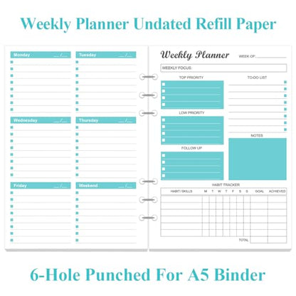 6-Hole Weekly Planner Refills for A5 Binders - 53 Sheets/106 Pages Undated Weekly Planner, 100 gsm White Paper, Lasts 1 Year, Undated, 5.8" x 8.3", Teal - size: 1-Pack, style: 6-Hole
