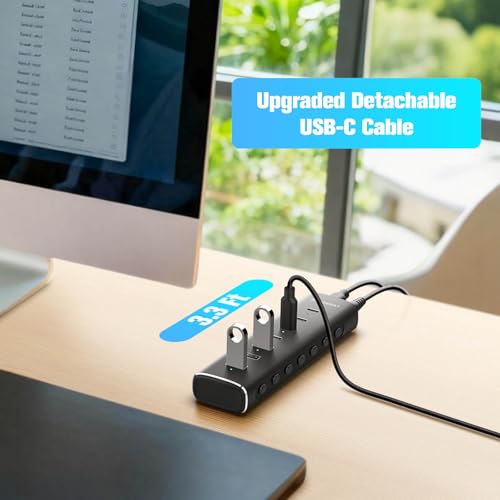 Rosonway 7 Ports Powered USB 3.2/USB C Hub 10Gbps with 4 USB-C 3.2, 3 USB-A 3.2 Ports, 3.3ft Cable and 36W(12V/3A) Power Adapter, Aluminum USB Splitter for Laptop, RSH-H7C4 - size: 7-Port Powered USB Hub