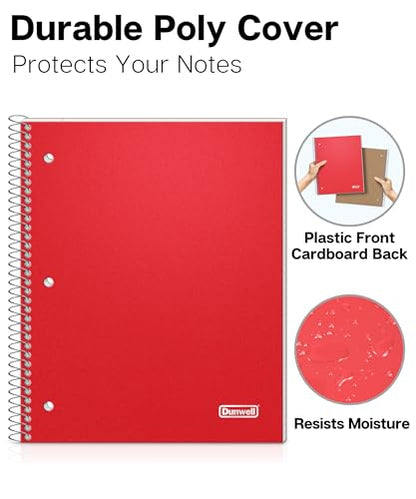 Dunwell 1 Subject Notebook College Ruled (Red), Spiral Notebook 8.5x11 for School, 100 Sheets (200 Pages), Protective Plastic Cover, 2-Pocket Divider, One Subject Note Book 8 1/2 x 11 - color: Red, style: 1 Subject