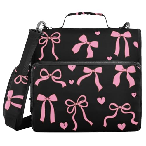 Bows Hearts Pink Black Zipper Binder with Shoulder Strap Trapper Keeper 3 Ring Binder Organizer Large Capacity Multiple Compartments for School Office - color: Bows Hearts Pink