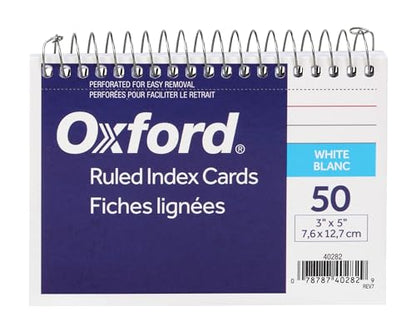 Oxford Premium-Weight Index Cards, Spiral, Ruled, 3 x 5 Inches, White, 50 Cards per Pack, 1 Pack (40282) - color: White, size: 3 X 5 in Spiral