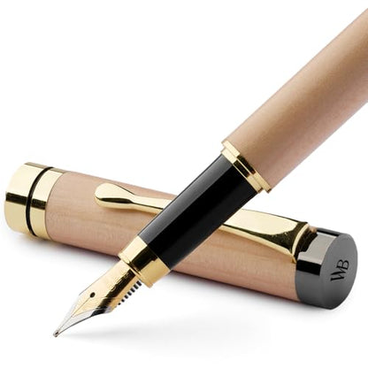 Wordsworth & Black Fountain Pen Set, Luxury Bamboo Wood - Medium Nib, Gift Case; Includes 6 Ink Cartridges, Ink Refill Converter -Journaling, Calligraphy; Drawing, Smooth Writing [Maple Wood] | Maple Wood, Gift for Men Women, German Iridium 18K Gilded, Ca