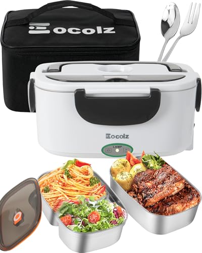 Eocolz Electric Lunch Box Food Heater 60-80W for Adults, Portable Food Warmer Heated Lunch Box for Car Truck Work with 1.5L Stainless Steel Container Fork & Spoon 12/24/110V Lonchera Eléctrica - color: White