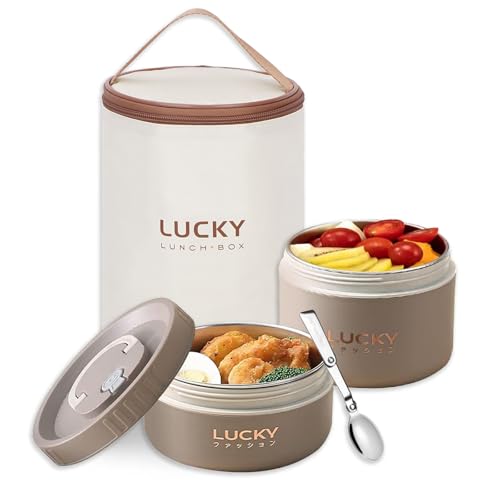 Portable Bento Box Set, 2 Stackable Thermal Food Containers for Adult, Brown - color: 34oz 2 Tier-Brown