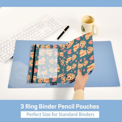 Fustylead Lovely Hand Draw Poodle Dog and Hearts Doodle Pencil Pouch Fits Standard 3-Ring Binders, Zipper Binder Pencil Bag with Clear Window for School Office Cosmetic 2 Pack - color: Blue03 Poodle Dog and Heart