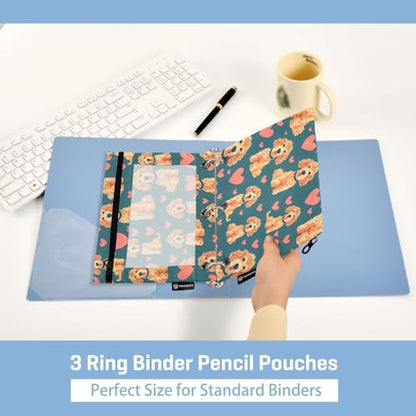 Fustylead Lovely Hand Draw Poodle Dog and Hearts Doodle Pencil Pouch Fits Standard 3-Ring Binders, Zipper Binder Pencil Bag with Clear Window for School Office Cosmetic 2 Pack - color: Blue03 Poodle Dog and Heart