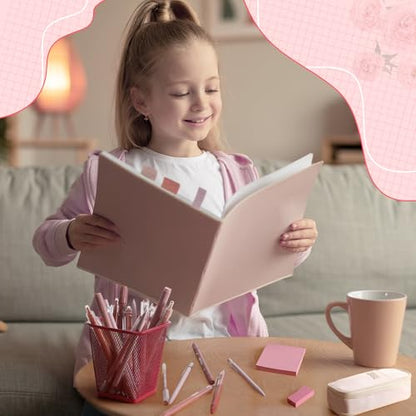 Eersida 74 Pcs Aesthetic School Supplies with Large Pencil Pouch 5 Ink Gel Pens 12 Highlighters 6 Mechanical Pencils 0.5mm 9 Color Pens 4 Note Pads Set for Student Stationary(Pink,Cute Style) - color: Pink, style: Cute Style
