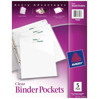 Avery Binder Pockets for 3 Ring Binders, Clear, 8.5" x 11", Acid-Free and Archival-Safe, 15 Binder Folders Total (3-Pack of 75296) - size: 3 packs, style: 3 Pack