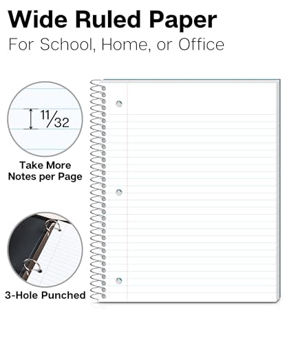 Dunwell 3-Subject Spiral Notebook, (Black) Plastic Cover, 150 Sheets (300 Pages) Wide Ruled 8x10.5 Paper, 3-Hole Punched Perforated Pages, 3 Divider Folders with Pockets - color: Black