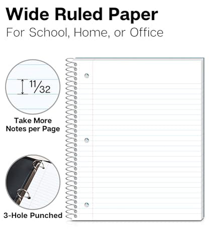 Dunwell 3-Subject Spiral Notebook, (Black) Plastic Cover, 150 Sheets (300 Pages) Wide Ruled 8x10.5 Paper, 3-Hole Punched Perforated Pages, 3 Divider Folders with Pockets - color: Black