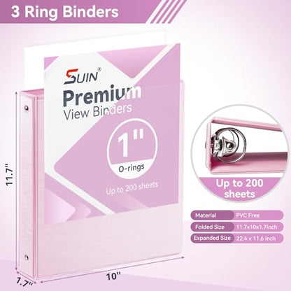SUIN 1 Inch 3 Ring Binder, Clear 1'' View Presentation Binders with 2 Pockets, Fits 8.5 x 11 Letter Size, Durable Polypropylene, Non-Stick & PVC-Free for School, Office & Home (Brushed Peach Pink) - color: Brushed Peach Pink