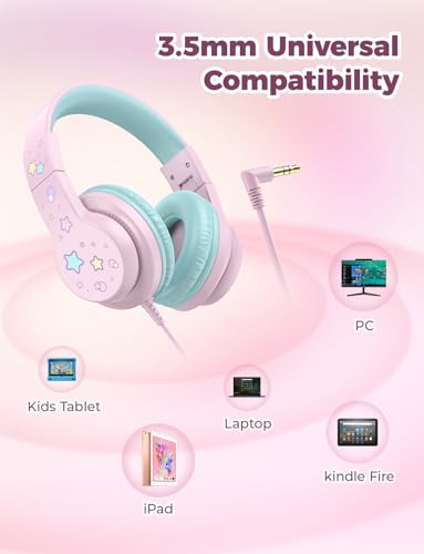 iClever Kids Headphones for School/Travel with Safe Volume 85dBA, HS19S Stereo Sound Over-Ear Girls Boys Headphones for Kids, Foldable 3.5mm Wired Headphone for iPad/Computer - color: A Pink Star
