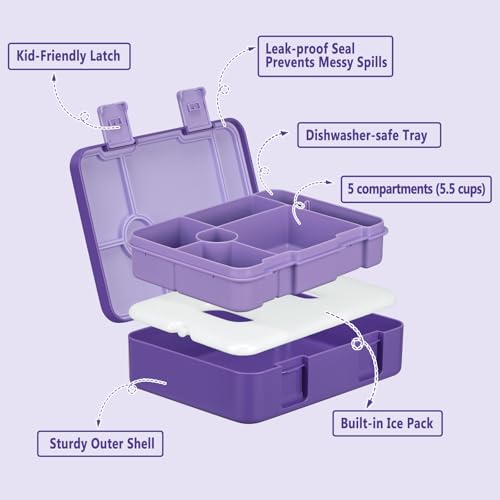 Kids Bento Lunch Box with Ice Pack, 5 Compartments Leak-Proof Bento Box with Utensils, 5.5-Cup Capacity for Adults & Ages 8+, BPA Free, Microwave & Dishwasher Safe, Purple - color: Purple