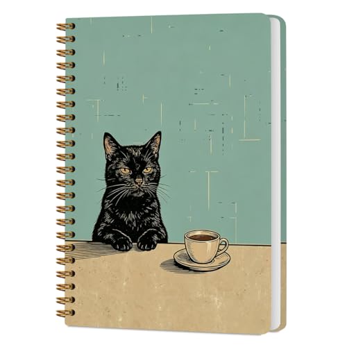 Vintage Coffee Cat Spiral Notebook, Cat Gifts Journal, Cats Lovers Mom Lady Gifts Journal Notebook for Writing, Cats Office Supplies, Cute Black Kitten Hardcover Spiral Notebooks 5.8x8.3 Inch - color: Cat Coffee