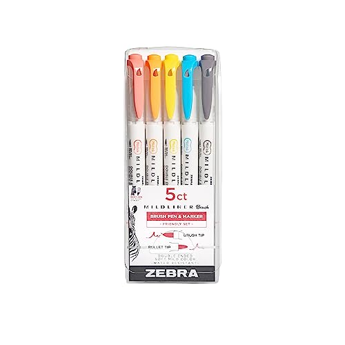 Zebra Pen Mildliner Double-Ended Brush Pen, Brush and Ultra Fine Point Tips, Assorted Friendly Ink Colors, Multicolor, 5-Pack (79505) - color: Friendly Ink Colors