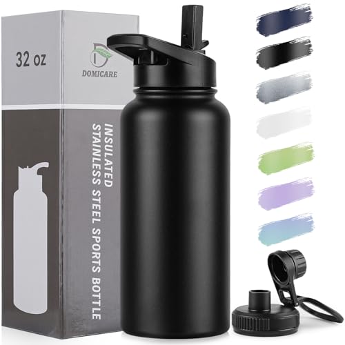 DOMICARE 32 oz Insulated Water Bottle, Vacuum Insulated Stainless Steel Sports Water Bottle with Straw Lid & Spout Lid, Leakproof, Reusable - Travel, Camping, Bike, Black - color: Black, size: 32 Ounces