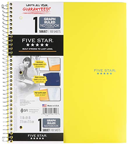 Five Star wirebound Notebook with 2 Pockets, 1-Subject, Quadrille Rule (4 sq/in), Randomly Assorted Cover Color, (100) 11 x 8.5 Sheets