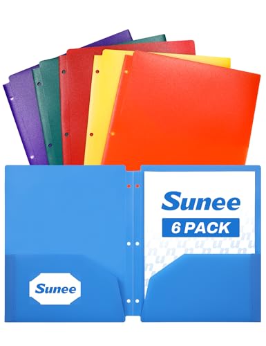 SUNEE 3 Hole Folders with Pockets (6 Pack, Assorted Color) Plastic Folders for 3 Ring Binder, Heavy Duty Binder Folder for Document for School, Students, Teachers, Office Staf - color: Multicolored 1, style: 6-Pack