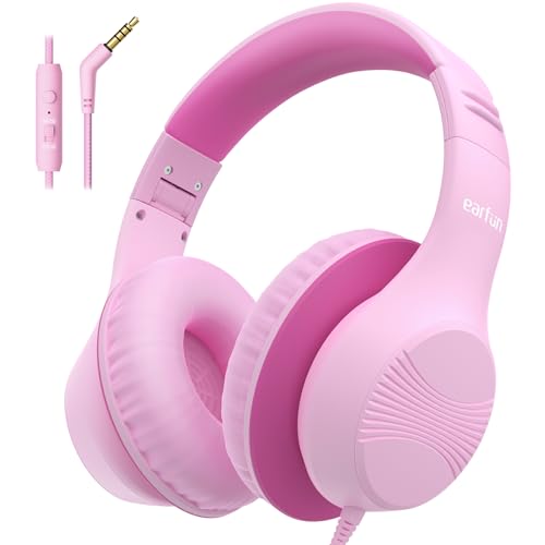 EarFun K3 Kids Headphones, Over Ear Headphones with Microphones, 85/94dB Safe Volume Limit, HD Stereo Sound, 3.5mm Jack, Foldable Wired Headphones for School/Travel/Boys/Girls/Tablet/iPad, Pink - color: Pink