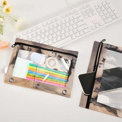 Kcldeci 3 Ring Pencil Pouch, Horse Anmail Wildlife 2 Packs Bulk Zipper Pencil Case Pencil Pouches with Clear Window for Storing School Office Supplies - color: A02