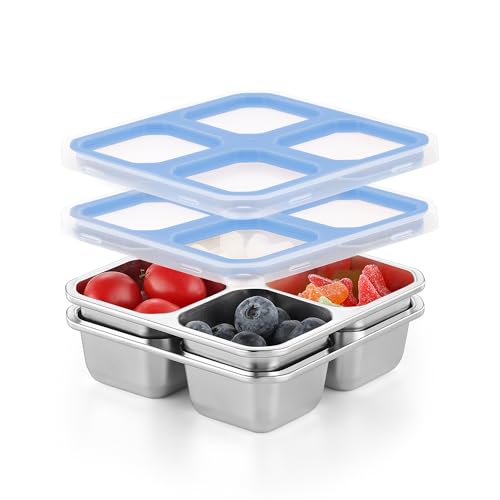 BEFOY 4 Pack Stainless Steel Snack Containers with Lids 4 Compartment Food Storage Containers for Adults & Kids Meal Prep Containers Reusablele (Sky blue, 2) - color: Sky Blue, size: 2