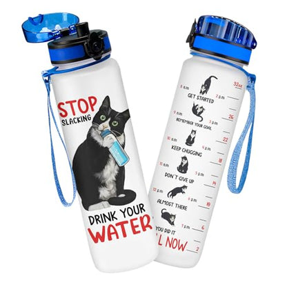 Funny Cat Hydration Water Bottle 32oz with Time Marker, Cute Cat Mom Gift for Women, Reusable Daily Motivation Drinking Bottle with Handle & Lid - color: Cat