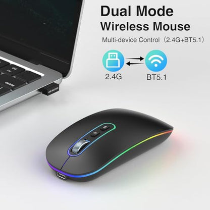 cimetech Wireless Mouse for Laptop, M01 Rechargeable Silent LED Computer USB Mice, [BT5.1 and 2.4G Receiver] Dual Mode Slim Sleek, Plug and Play for iPad Mac Chromebook Tablet PC Notebook - color: Black