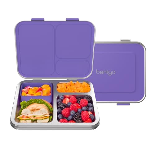 Bentgo Kids Stainless Steel Leak-Resistant Lunch Box - 3-Compartments with Bonus Silicone Container, Durable, Eco-Friendly, Dishwasher Safe, BPA-Free, Ideal for School, Ages 3+ (Purple) - color: Purple