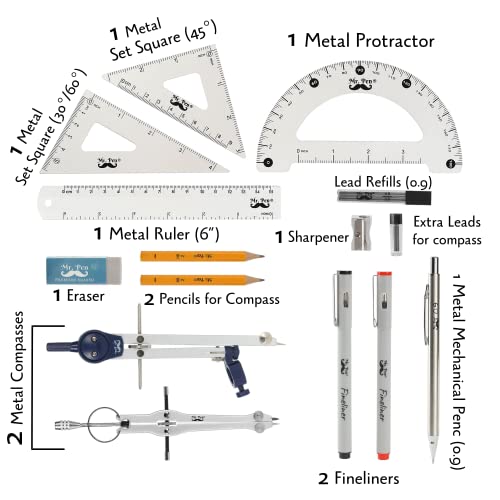 Mr. Pen- Professional Geometry Set, 15 pcs, Drafting Tools with Protractor | Compass, Metal Ruler, Triangles, Pens & Pencils, Complete Geometry & Drafting Kit for Architects, Engineers & Students - color: Silver