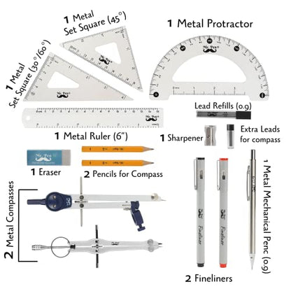 Mr. Pen- Professional Geometry Set, 15 pcs, Drafting Tools with Protractor | Compass, Metal Ruler, Triangles, Pens & Pencils, Complete Geometry & Drafting Kit for Architects, Engineers & Students - color: Silver