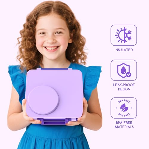 Bento Box for Kids - Leak-Proof Bento Lunch Box with Insulated Thermo Food Jar - 4 Compartments, 1 Removable Divider, 1 Spoon, 1 Fork - Dishwasher Safe, BPA-Free (Light purple) - color: Light Purple