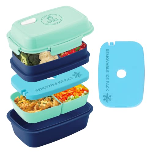 Ultimate Bento Box - Lunch Box for Kids & Adults with Removable Ice Pack - Leakproof, Multi-Compartment Food Container with Removable Containers - Microwave & Dishwasher Safe (Green, Blue, Green) - color: Green, Blue, Green