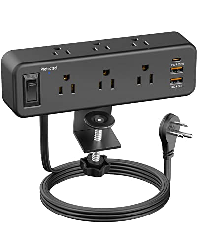 6 Outlet Desk Clamp Power Strip, Flat Plug Extension Cord, Surge Protector | PAEWOK Desktop Edge Mount for 1.8 inch Tabletop Thick, Table Edge Socket with Switch, 6 ft Cord with USB C, Black - color: Black