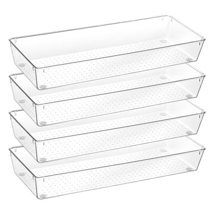 Vtopmart 4 Pack 15" X 6" Kitchen Drawer Organizers, Clear Plastic Drawer Organizer Tray, Storage Bins for Flatware, Silverware, Utensil, Cutlery