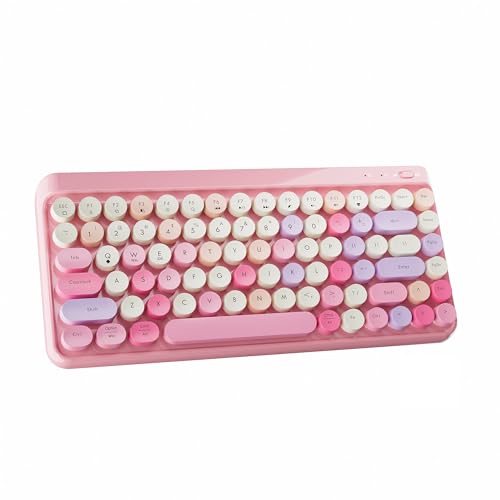 Wireless Bluetooth TKL Keyboard with 84 Retro Round Keycaps, Typewriter-Style, for PC/Mac/Tablets (Pink-Colorful) - color: Pink-Colorful