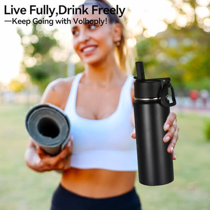 Volhoply Kids Insulated Water Bottle with Straw,16oz Stainless Steel Cold Water Bottles for School,BPA-Free Metal Wide Mouth Cups with Handle Lid,Reusable Double Wall Vacuum Sport Flask(Black,1) - color: Black