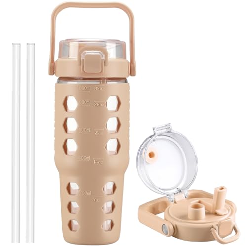 MUKOKO 32 oz Glass Tumbler with Straw,Glass Water Bottles with Time Marker,Iced Coffee Cup with Silicone Sleeve,Motivational Drinking Bottles,Leakproof-Amber - color: Amber, size: 32 Ounces