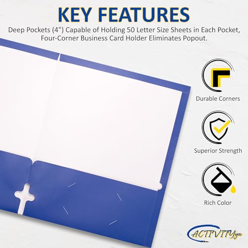 10 Pack Two Pocket Folders, Blue, Strong Thick Paper Folders, for Letter Size, by ACTIVITYya - color: Blue