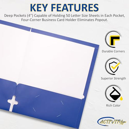 10 Pack Two Pocket Folders, Blue, Strong Thick Paper Folders, for Letter Size, by ACTIVITYya - color: Blue