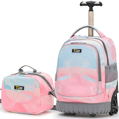 NEW TILAMI 16 Inch Rolling Backpack with Lunch Bag for Kids Adjustable Handle Carry-on Suitcase Wheels for Girls Boys School Travel Camping, Pastel Pink - Blue - color: Pastel Pink - Blue