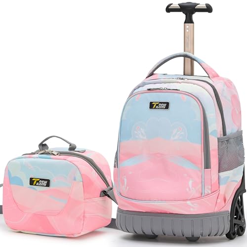 NEW TILAMI 16 Inch Rolling Backpack with Lunch Bag for Kids Adjustable Handle Carry-on Suitcase Wheels for Girls Boys School Travel Camping, Pastel Pink - Blue - color: Pastel Pink - Blue