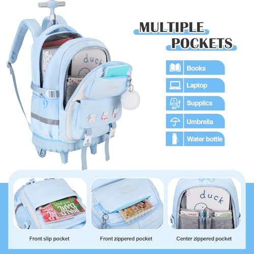DIGOBAY Rolling Backpack for Girls, Roller School Bag with Wheels, Wheeled Backpacks with Lunch Bag Pencil case for Elementary School Bookbags with Cute Pins Blue - color: Blue