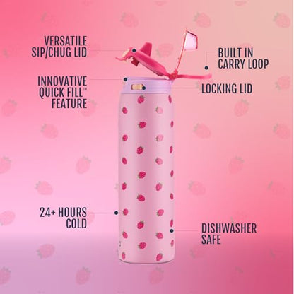 Ello Pop & Fill Insulated Stainless Steel Water Bottle with Quick Fill Lid, Leakproof Locking, Sip or Chug Spout, BPA-Free, Double Wall Vacuum Insulated for Sports, Travel & School- 22oz / 32oz / 40oz - color: Strawberries, style: 22oz