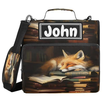 Fox Cartoon Print Custom Zipper Binder Bag 3 Ring with Shoulder Strap & Handle Personalized Binder Bag Expandable File Folder for School - color: Multi-fox Cartoon