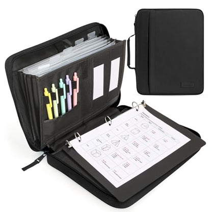 SUNEE Zipper Binder 1 Inch, Removable 3-Ring Binder, 175-Sheet Capacity, 5-Tab Dividers Expanding File Folder, Small Binder Bag Organizer Storage for Student School Classroom Supplies, Black - color: Black