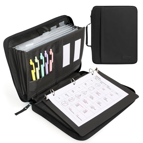 SUNEE Zipper Binder 1 Inch, Removable 3-Ring Binder, 175-Sheet Capacity, 5-Tab Dividers Expanding File Folder, Small Binder Bag Organizer Storage for Student School Classroom Supplies, Black - color: Black